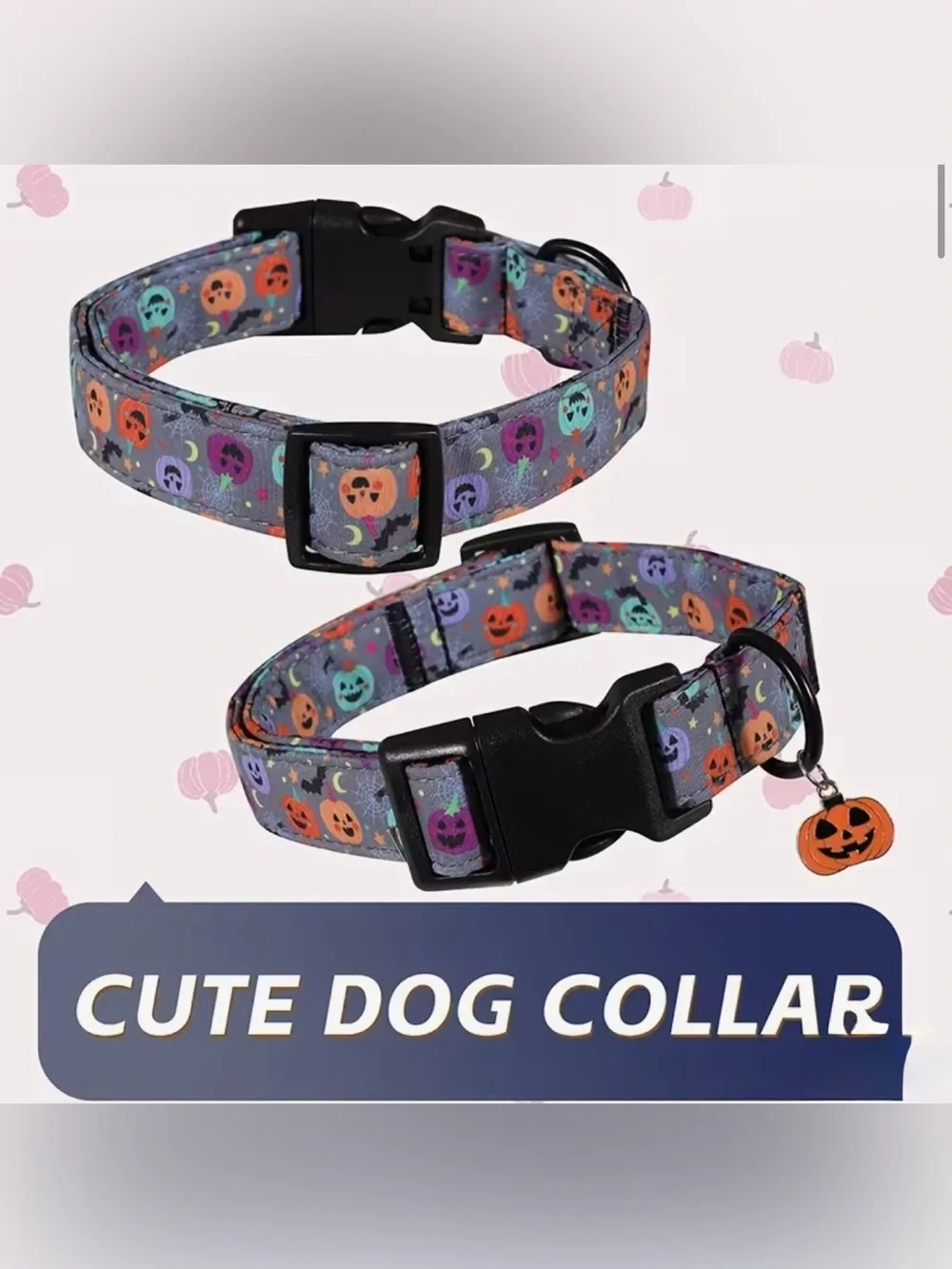 Halloween Pumpkin Dog Collar. Purple Pumpkin Pattern w Jack-O’-Lantern Charm.🎃